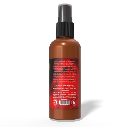 Amber spray bottle of Dragon's Blood smudge mist with a black pump and a red label featuring ingredient information.