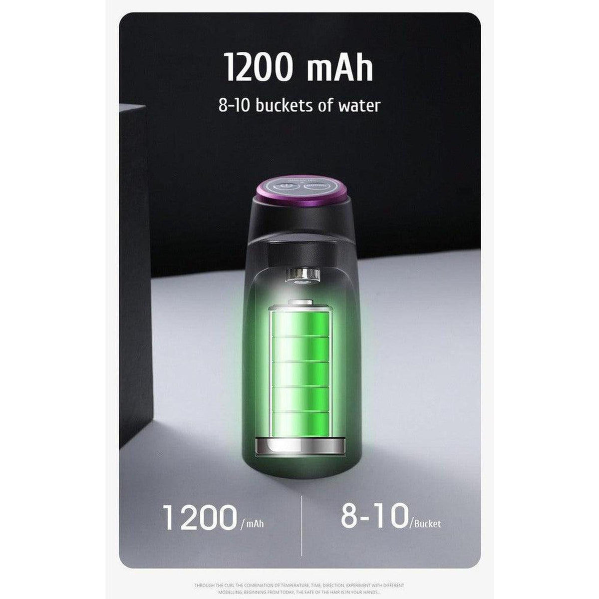 Sleek black electric water dispenser with a purple top button and a 1200mAh battery capacity graphic.
