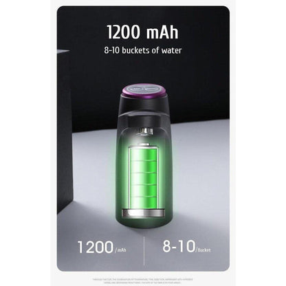 Sleek black electric water dispenser with a purple top button and a 1200mAh battery capacity graphic.