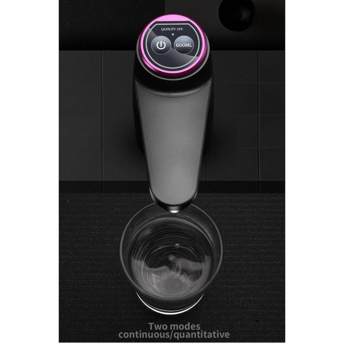 Black electric water dispenser with a pink LED ring, touch buttons for continuous and 600ml quantitative flow.