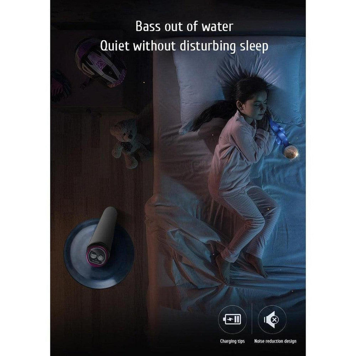 Compact grey electric water dispenser with a quiet motor, shown in a dark bedroom setting to highlight its silent operation.
