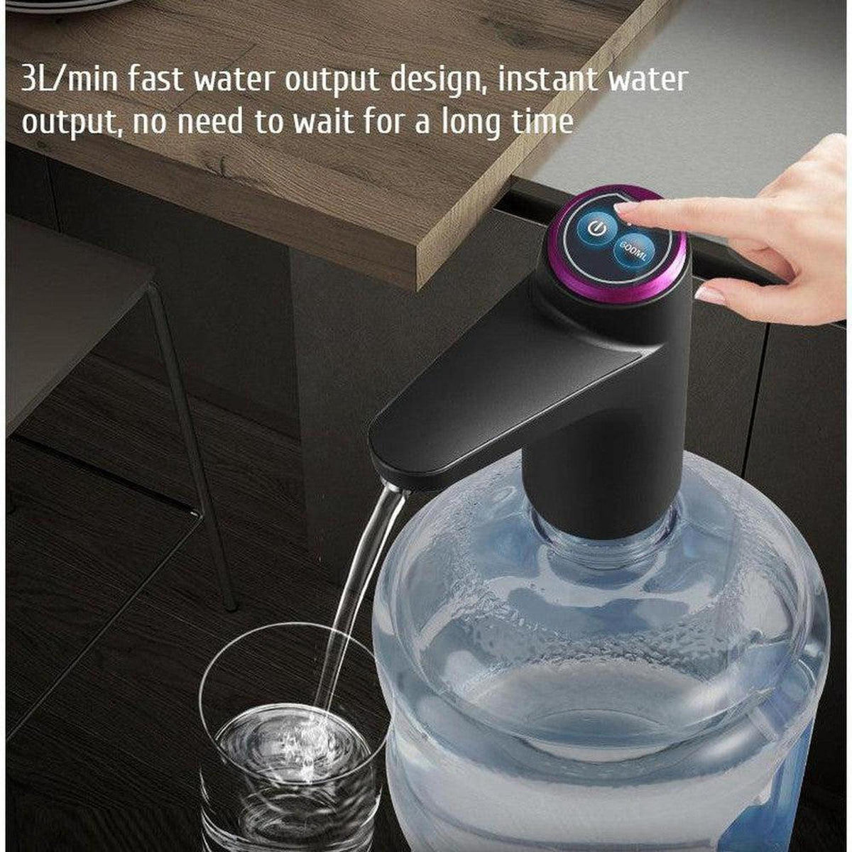 Black electric water dispenser pump with a purple accent button, dispensing water into a glass from a large gallon jug.