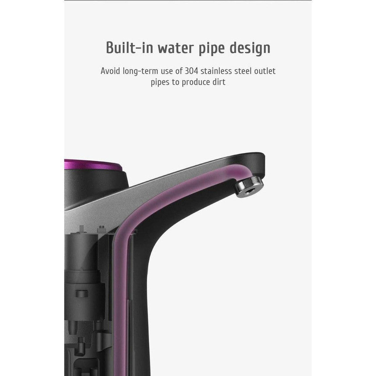 Close-up of a sleek black and purple electric water dispenser showing the internal built-in pipe design.