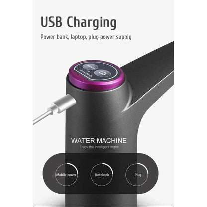 Black electric water dispenser tap with a purple top button being charged via a USB cable.