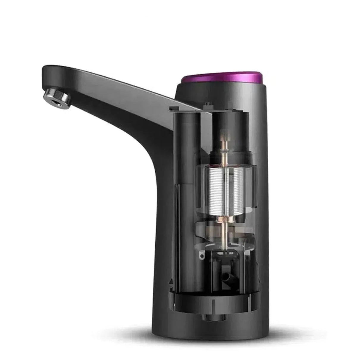 Black electric water dispenser tap with a purple top and visible internal motor mechanism on a white background.