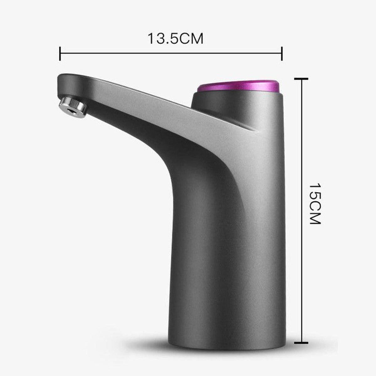 Grey electric water dispenser tap with a purple button, 15cm tall and 13.5cm wide, featuring a stainless steel spout.