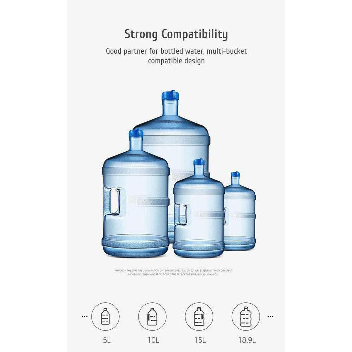 Electric water dispenser tap shown compatible with various sizes of blue plastic water jugs from 5L to 18.9L.