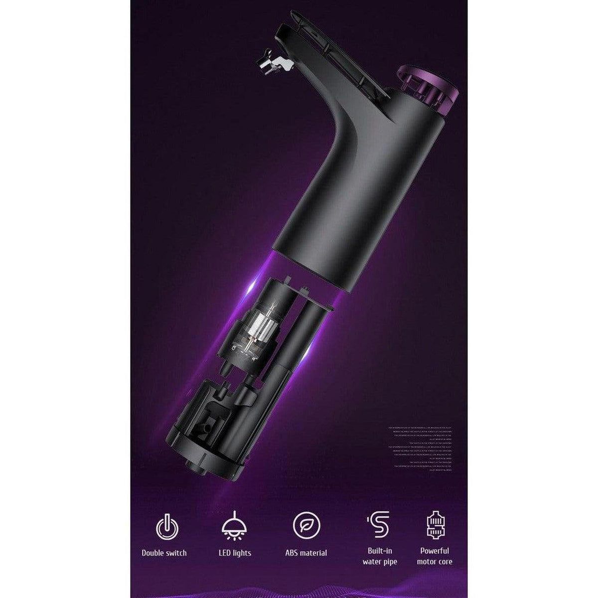 Black electric water dispenser tap with purple accents, showing internal motor components, LED lights, and ABS construction.