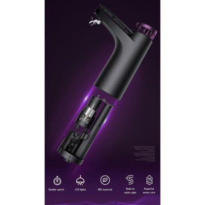 Black electric water dispenser tap with purple accents, showing internal motor components, LED lights, and ABS construction.