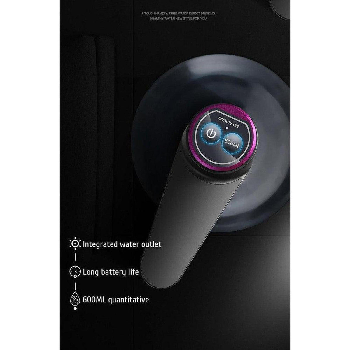 Sleek black electric water dispenser with a digital touch button, 600ml quantitative setting, and integrated water outlet.