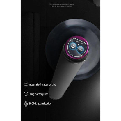 Sleek black electric water dispenser with a digital touch button, 600ml quantitative setting, and integrated water outlet.