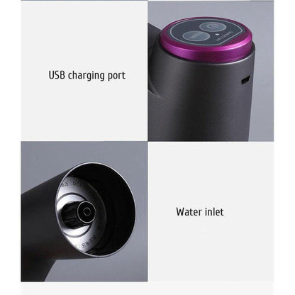 Grey electric water dispenser with a purple top button, USB charging port, and circular water inlet base.