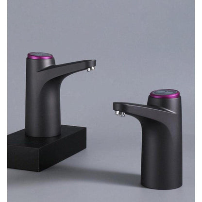 Two matte black electric water dispenser taps with purple accents and stainless steel spouts on a grey background.
