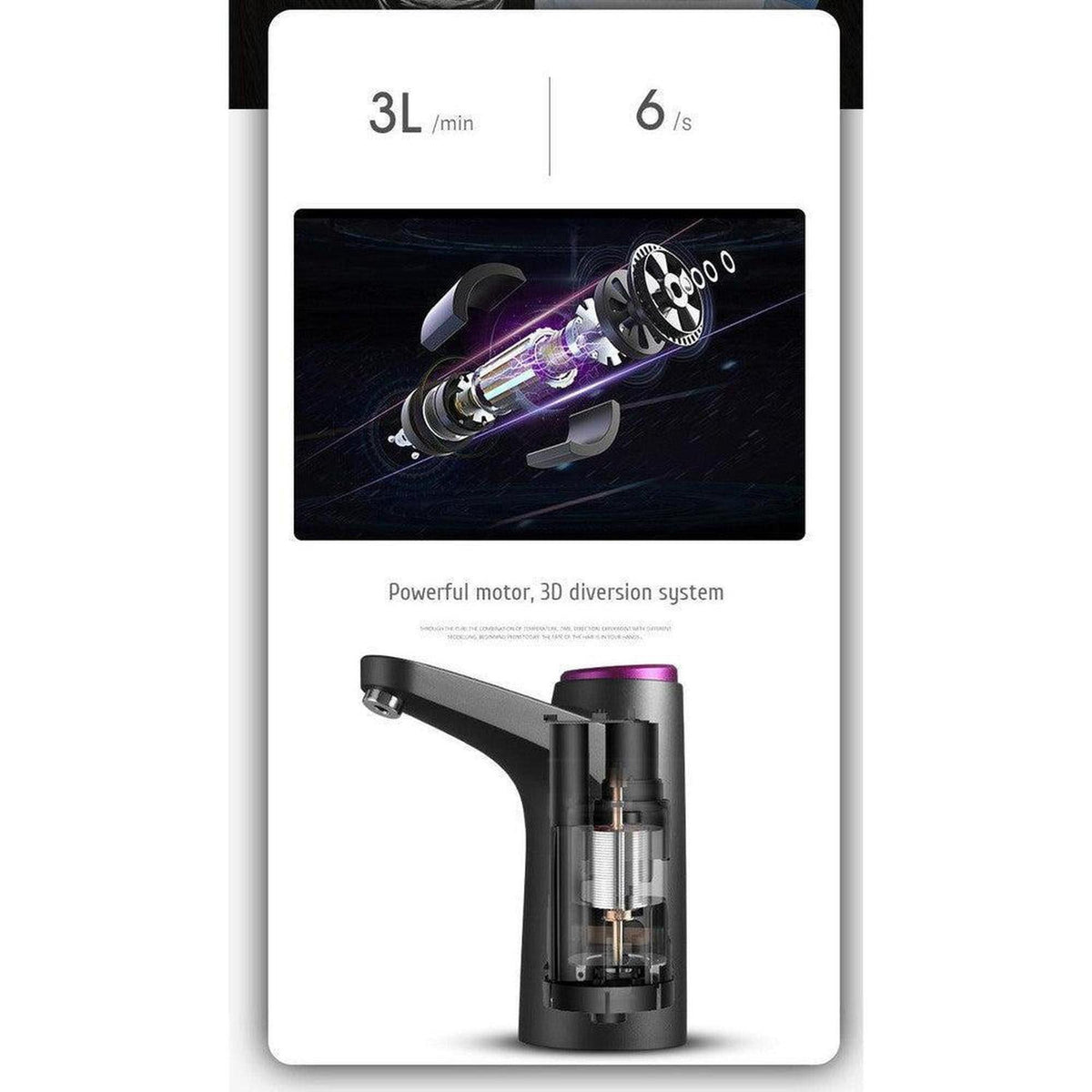 Black electric water dispenser tap with a purple top, showing internal motor components and 3D diversion system diagram.