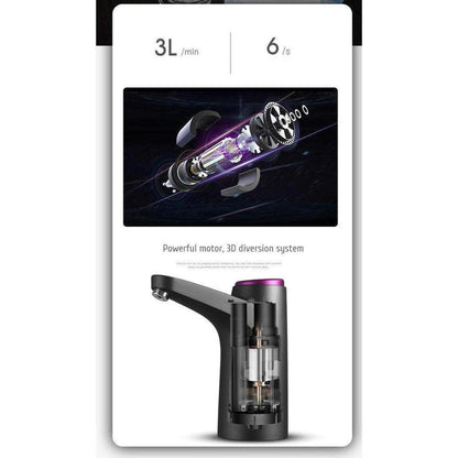 Black electric water dispenser tap with a purple top, showing internal motor components and 3D diversion system diagram.