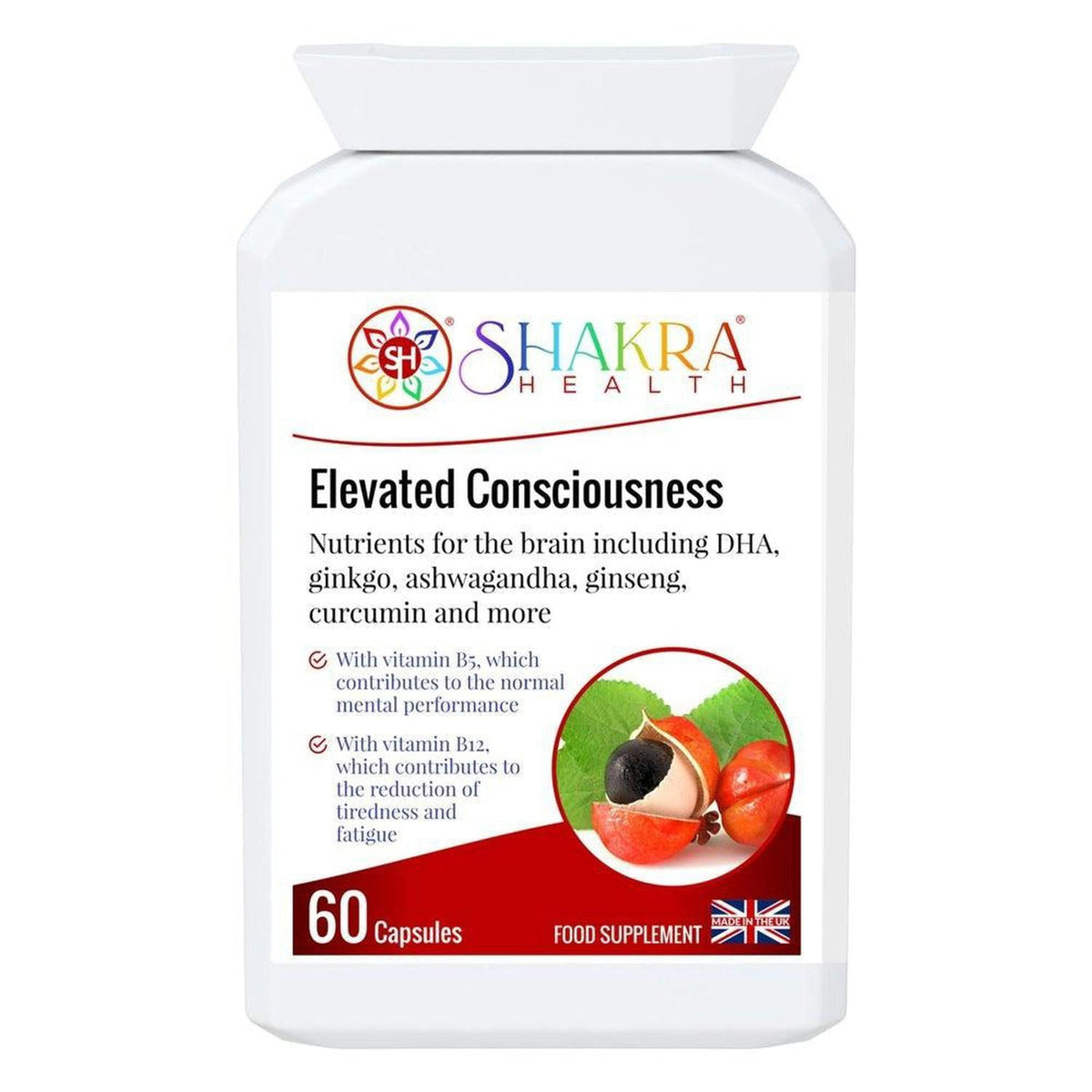 White bottle of Elevated Consciousness nootropic capsules by Shakra Health with botanical ingredients on the label.
