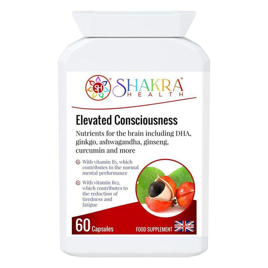 White bottle of Elevated Consciousness nootropic capsules by Shakra Health with botanical ingredients on the label.