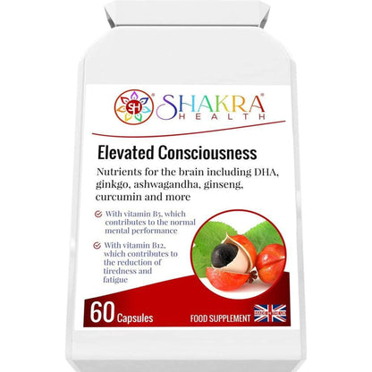 White bottle of Elevated Consciousness nootropic capsules with a Shakra Health logo and botanical ingredient graphic.
