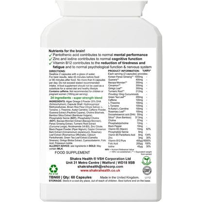 White plastic supplement bottle label with black text listing ingredients, nutritional facts, and usage directions.