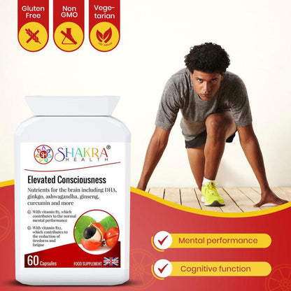 White bottle of Elevated Consciousness nootropic capsules next to a man in a grey shirt, with health benefit icons.