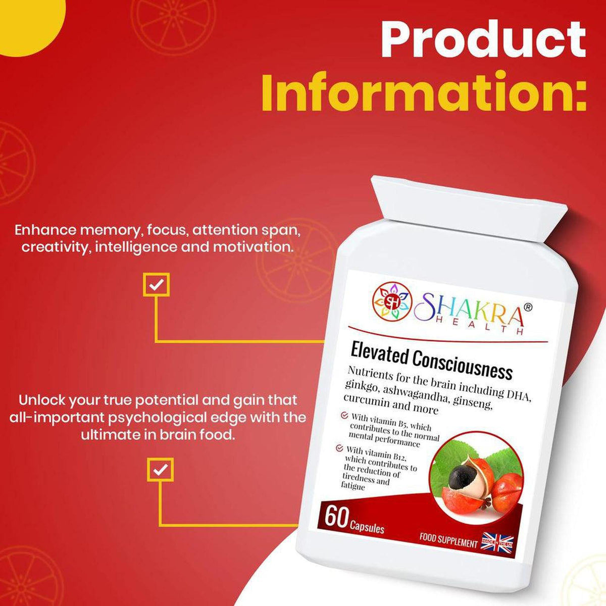 White bottle of Elevated Consciousness nootropic capsules by Shakra Health on a red background with product information.