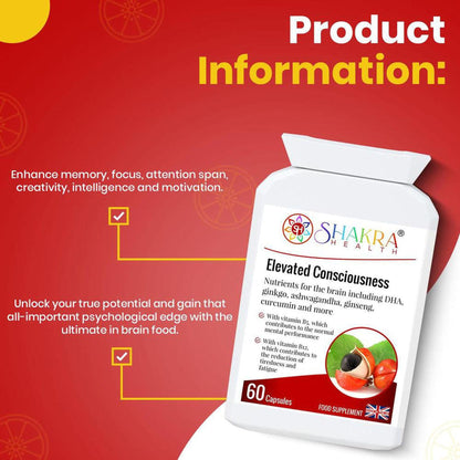 White bottle of Elevated Consciousness nootropic capsules by Shakra Health on a red background with product information.