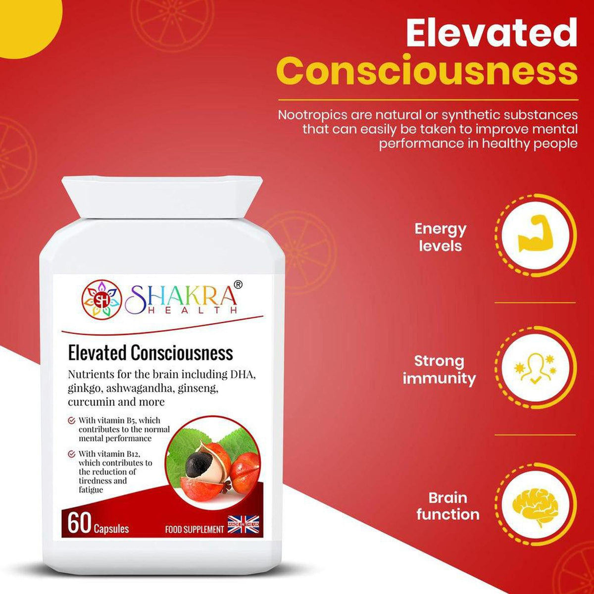 White bottle of Elevated Consciousness nootropic capsules with a red and orange informational background.