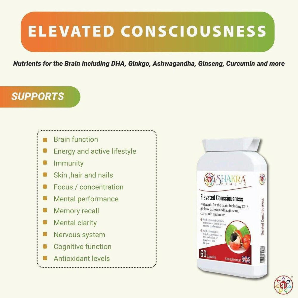 White bottle of Elevated Consciousness nootropic capsules with a list of brain health benefits on a beige background.