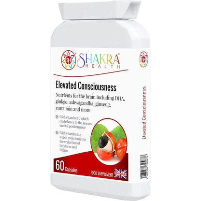 White bottle of Elevated Consciousness nootropic capsules with a label featuring the Shakra Health logo and botanical imagery.