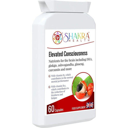 White bottle of Shakra Health Elevated Consciousness nootropic capsules with a label featuring a botanical illustration.