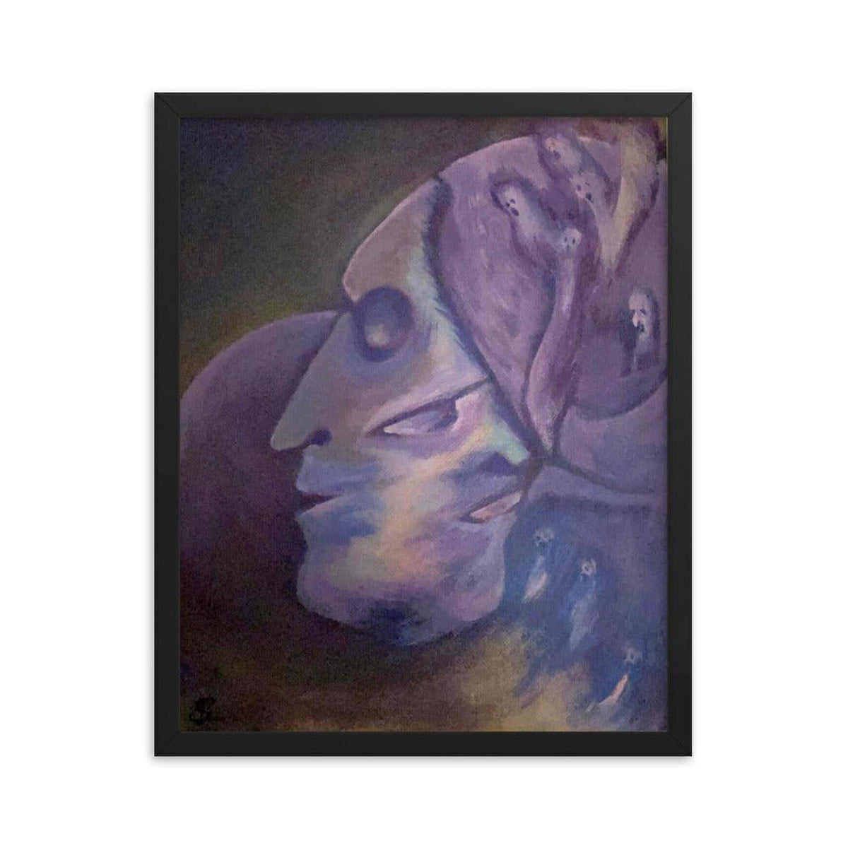 Surrealist painting in a black frame featuring interweaving faces in deep blues and purples with spectral figures.