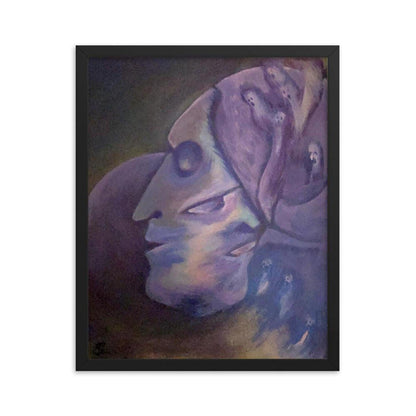 Surrealist painting in a black frame featuring interweaving faces in deep blues and purples with spectral figures.