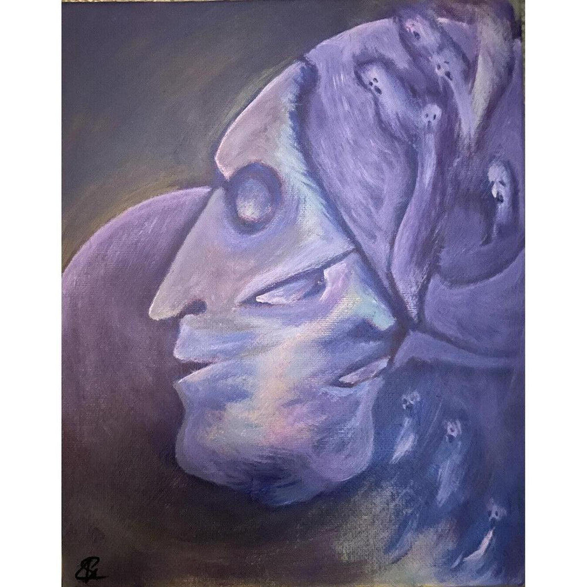 Surrealist oil painting featuring interweaving faces in shades of midnight blue and purple with spectral figures.