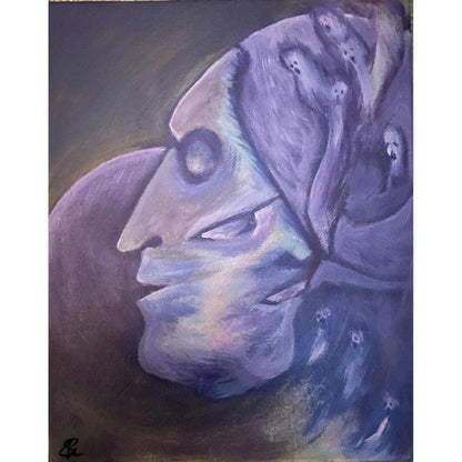 Surrealist oil painting featuring interweaving faces in shades of midnight blue and purple with spectral figures.