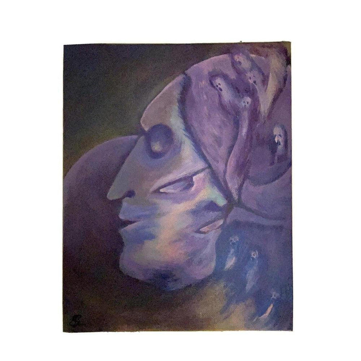 Surrealist oil painting featuring interweaving faces in shades of deep purple, midnight blue, and ethereal lilac.