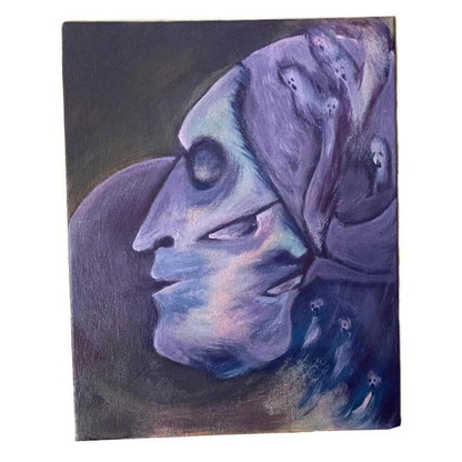 Surrealist oil painting featuring interweaving faces in shades of midnight blue and purple on a textured canvas.