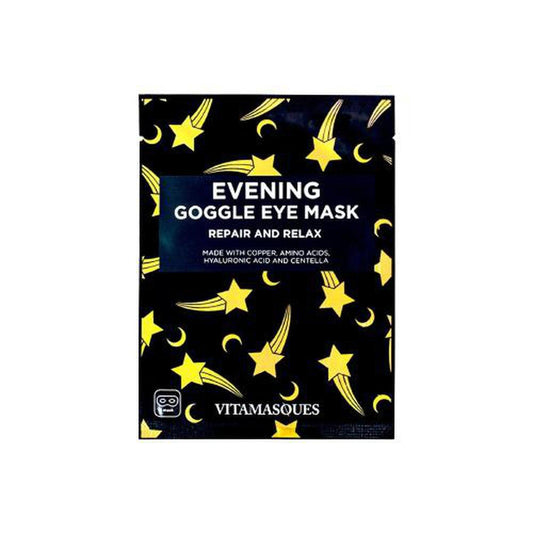 Black and gold Vitamasques Evening Goggle Eye Mask packet featuring a celestial star and crescent moon pattern.