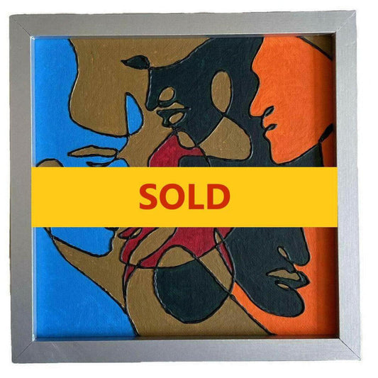 8x8 inch framed abstract canvas art featuring colorful faces with raised, textured black line detailing.