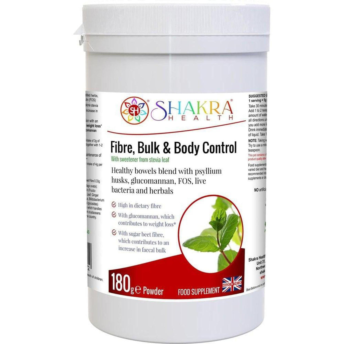 White plastic tub of Shakra Health Fibre, Bulk & Body Control powder with a green mint leaf graphic on the label.