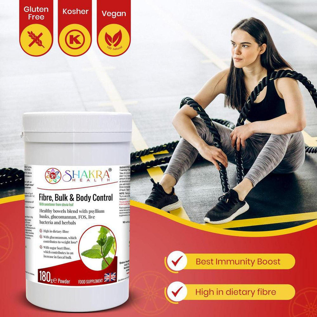 Shakra Health Fibre, Bulk & Body Control powder tub next to a woman exercising in a gym setting.