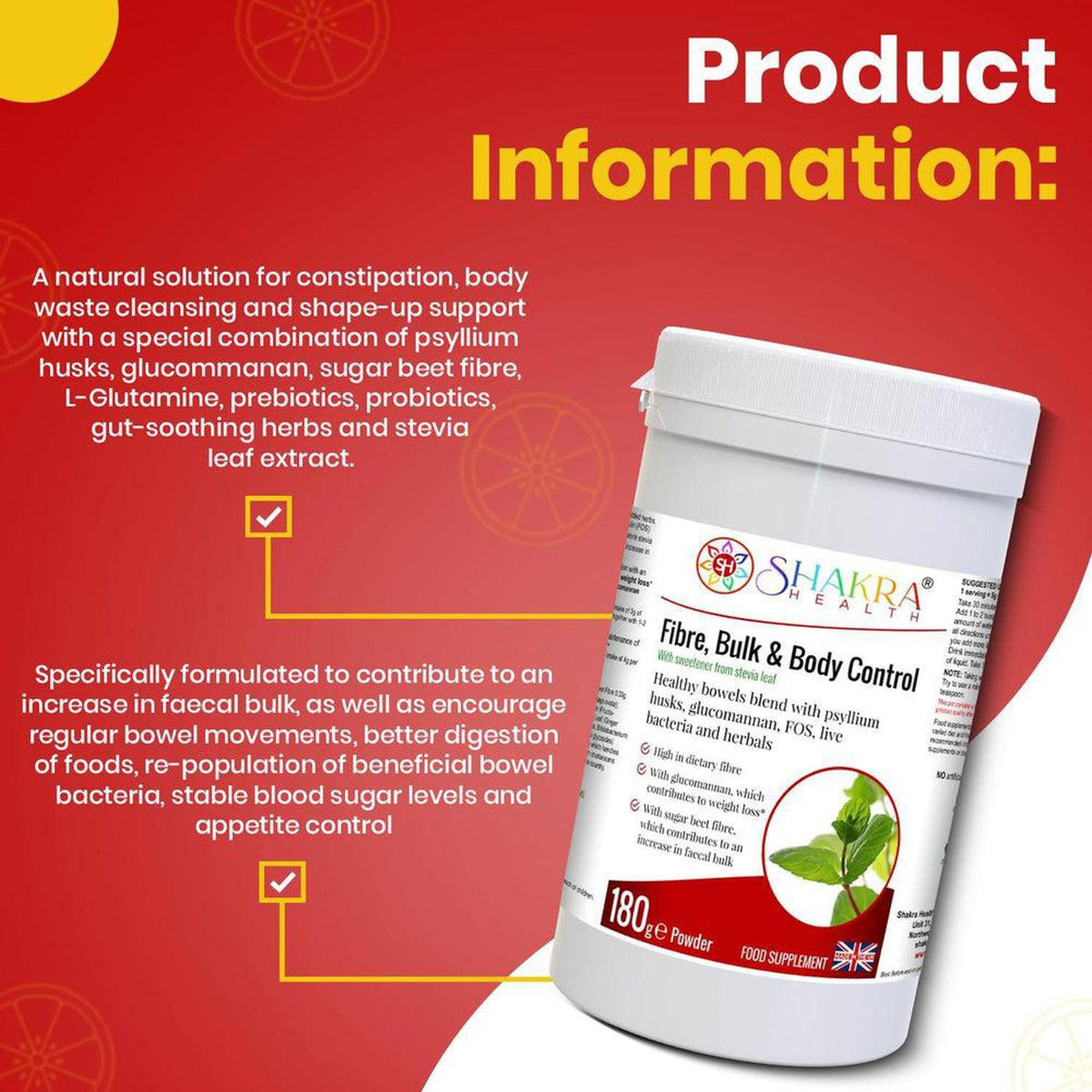 White 180g tub of Shakra Health Fibre, Bulk & Body Control powder with product information text on a red background.