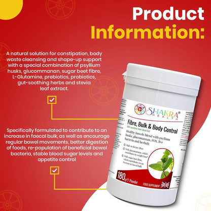 White 180g tub of Shakra Health Fibre, Bulk & Body Control powder with product information text on a red background.