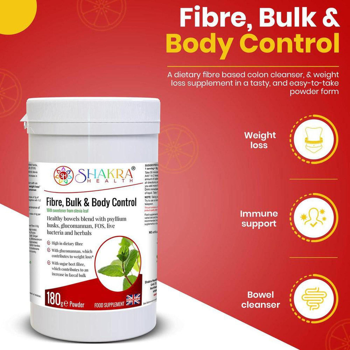 White 180g tub of Shakra Health Fibre, Bulk & Body Control powder on a vibrant red background with wellness icons.