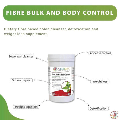 White plastic tub of Fibre, Bulk & Body Control supplement with labels highlighting digestive and weight loss benefits.