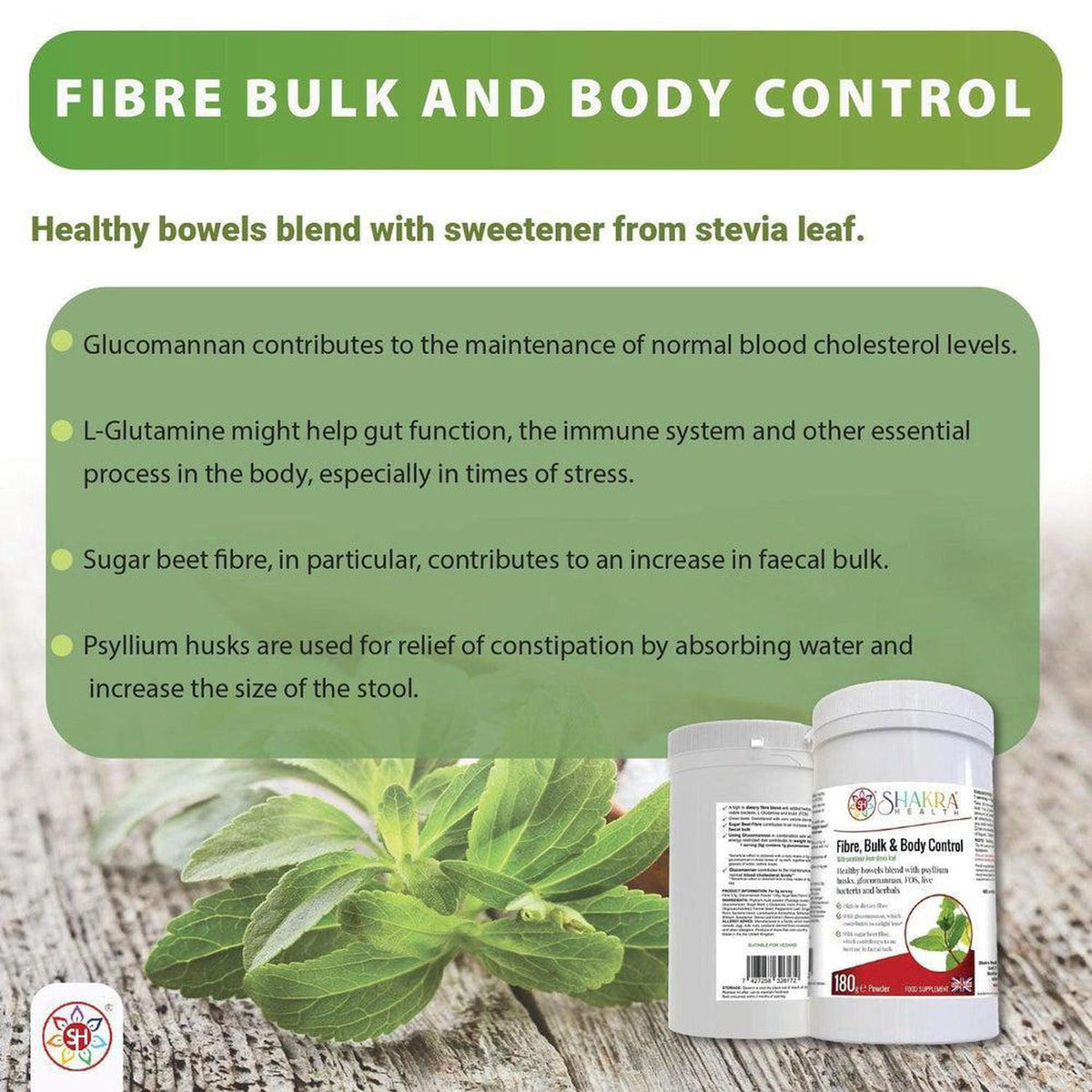 White plastic tub of Fibre, Bulk & Body Control powder next to fresh green leaves on a white background with text overlay.