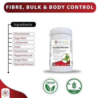Shakra Health Fibre, Bulk & Body Control powder tub with an ingredient list and vegan and gluten-free certification icons.
