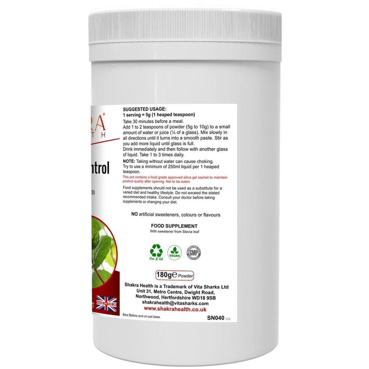 White plastic tub of Fibre, Bulk & Body Control powder with a detailed label featuring usage instructions and vegan icons.
