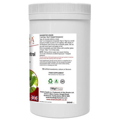 White plastic tub of Fibre, Bulk & Body Control powder with a detailed label featuring usage instructions and vegan icons.