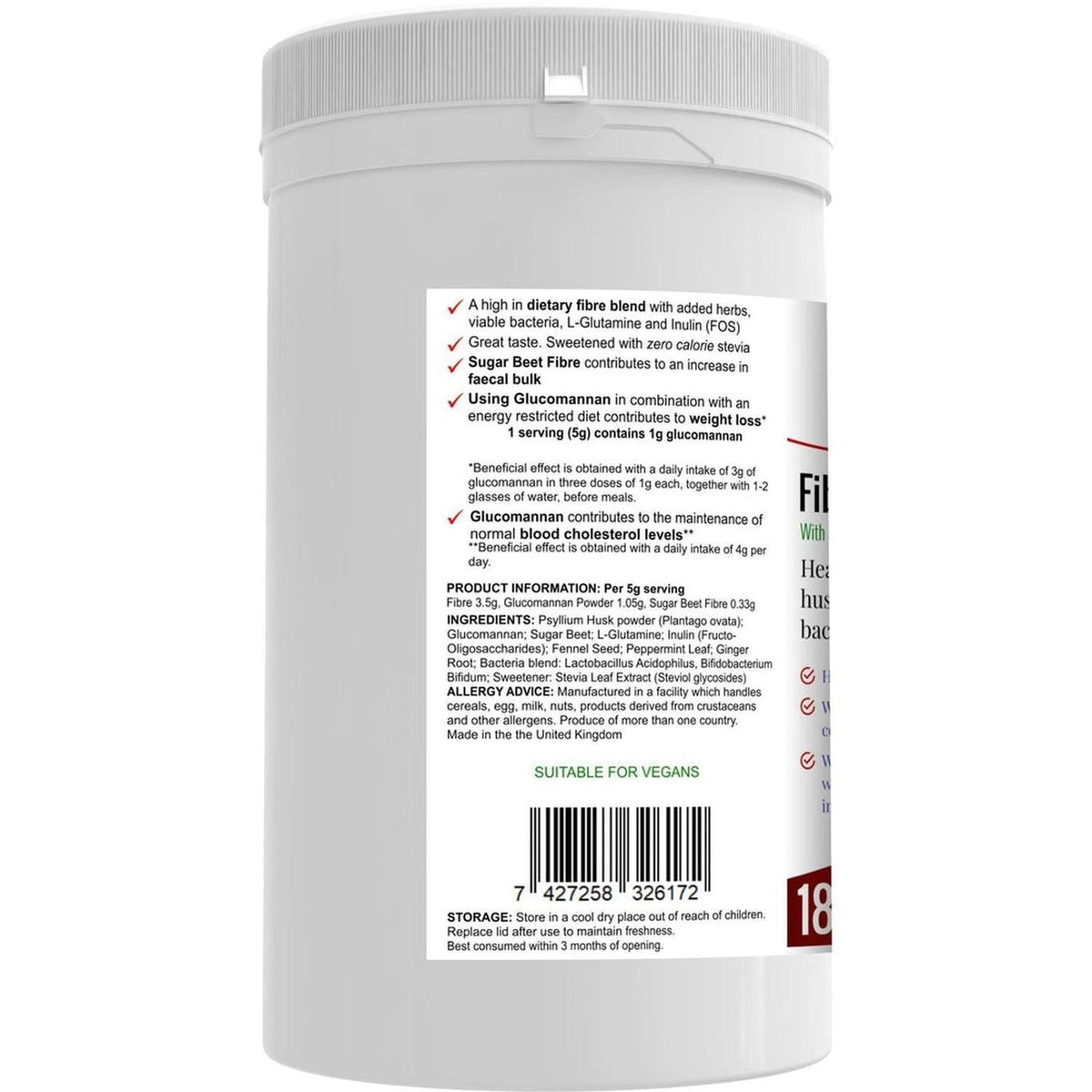 White plastic tub of Fibre, Bulk & Body Control powder with a detailed ingredient label and barcode on the back.