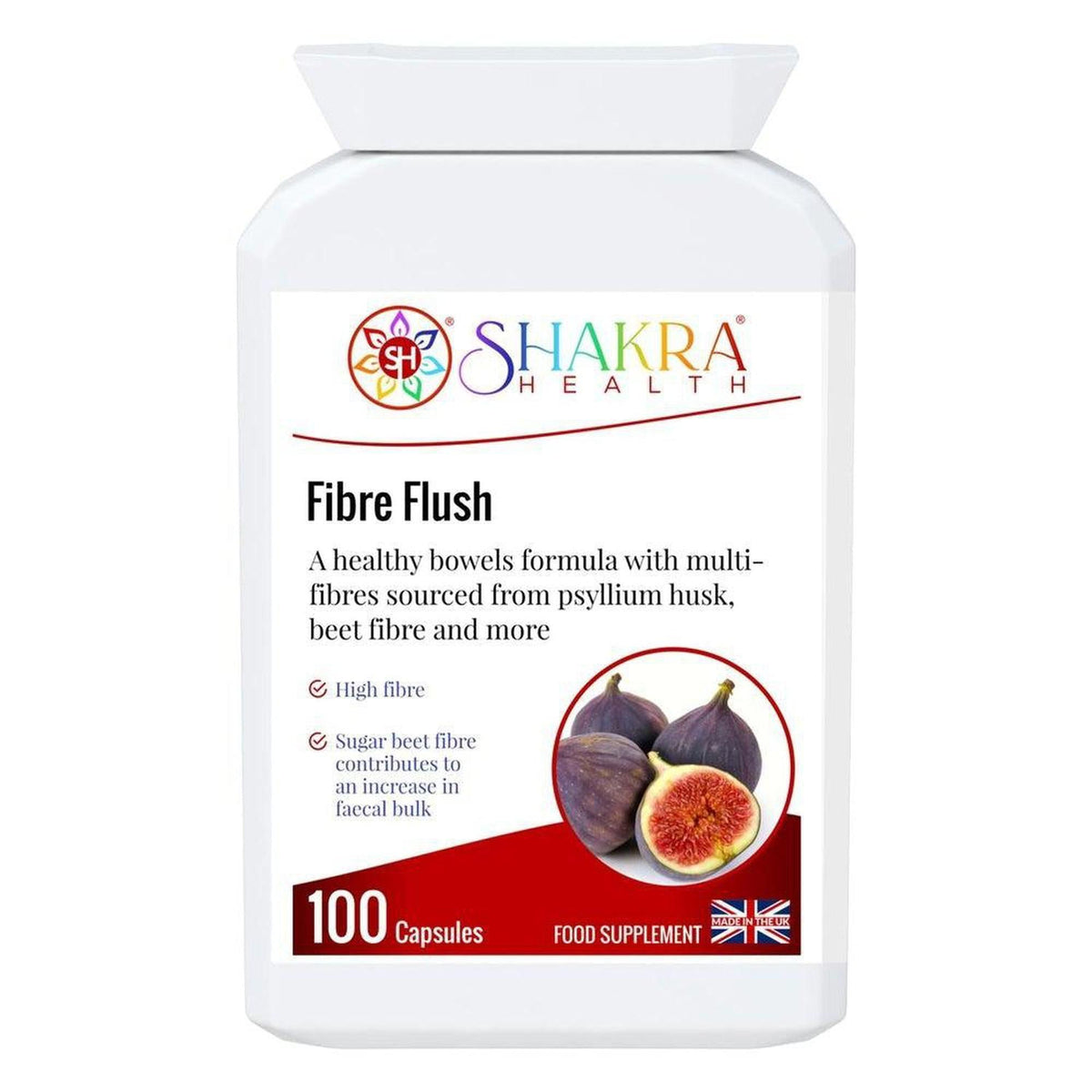 White bottle of Shakra Health Fibre Flush capsules with a label featuring figs and UK manufacturing details.